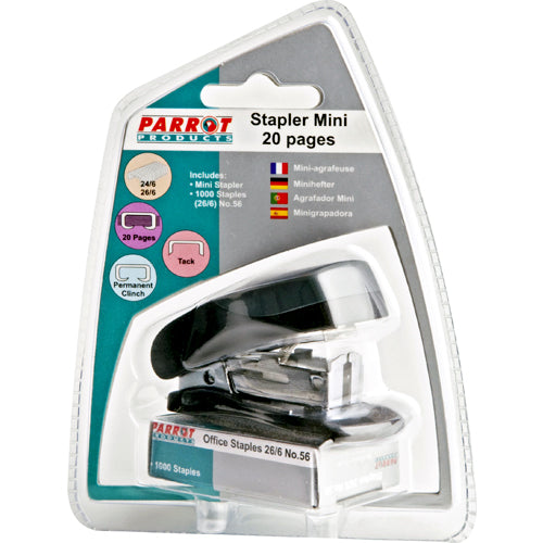 Parrot Staplers Plastic Mini Black + Staples (1000x26-6)