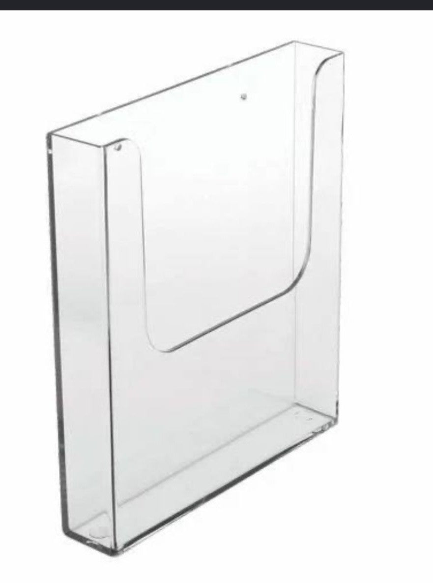 Wall fixing brochure holder in 2mm clear Perspex A4 portrait