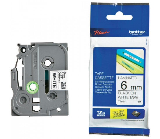 Brother TZ211 6mmx8m Black On White Tape | Brother Tape