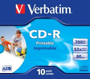 Verbatim CD-R 52x Speed 700mb Printable - Fast Dry Jewel Case 10pack