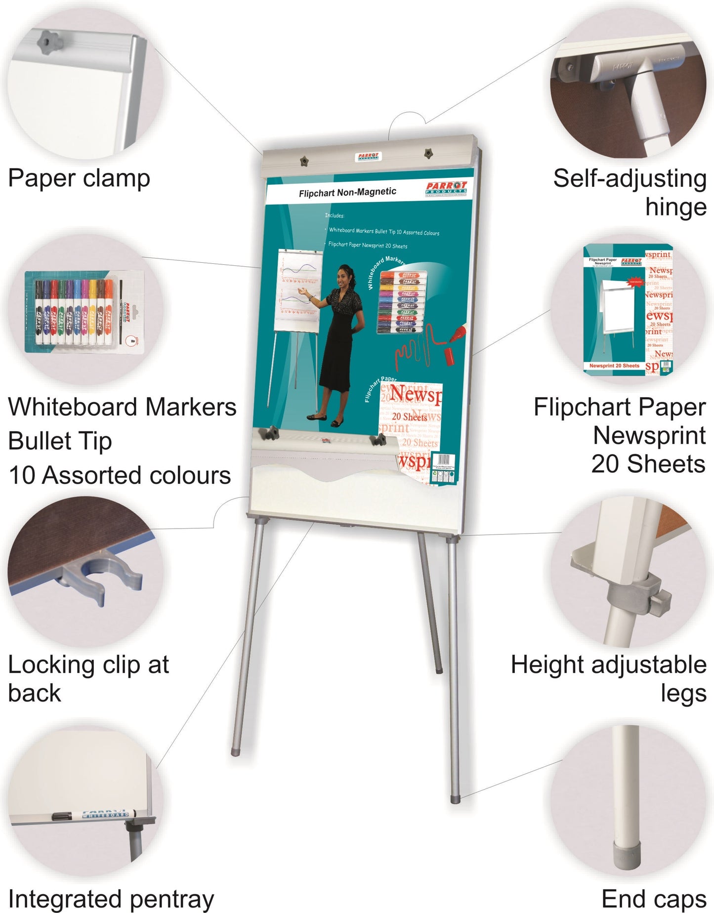 Parrot Flipchart Non Magnetic 1000mmx640mm Retail (White Board Markers+Flipchart Pad Included)