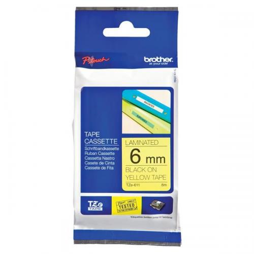 Brother TZ611 6mmx8m Black On Yellow Tape | Brother Tape