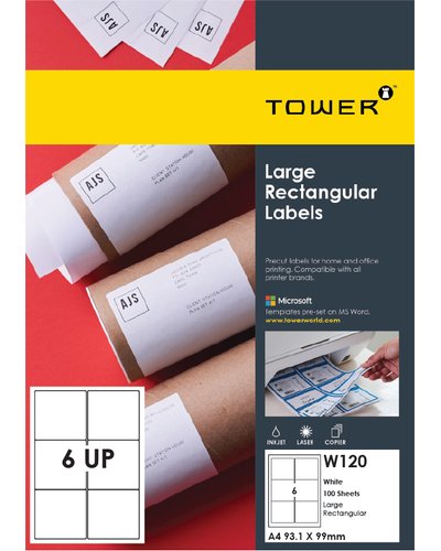 Tower Laser Label White 6UP 93.1x99 100'S | Inkjet and Laser Labels