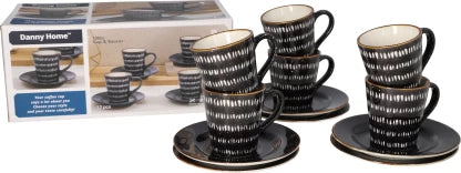 Danny Home Pack of 12 Ceramic  (Black, White, Cup and Saucer Set) | Kitchen Utensils