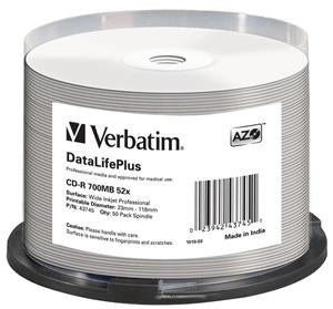 Verbatim CD-R 700mb 52x Speed 50pack Wide White Printable